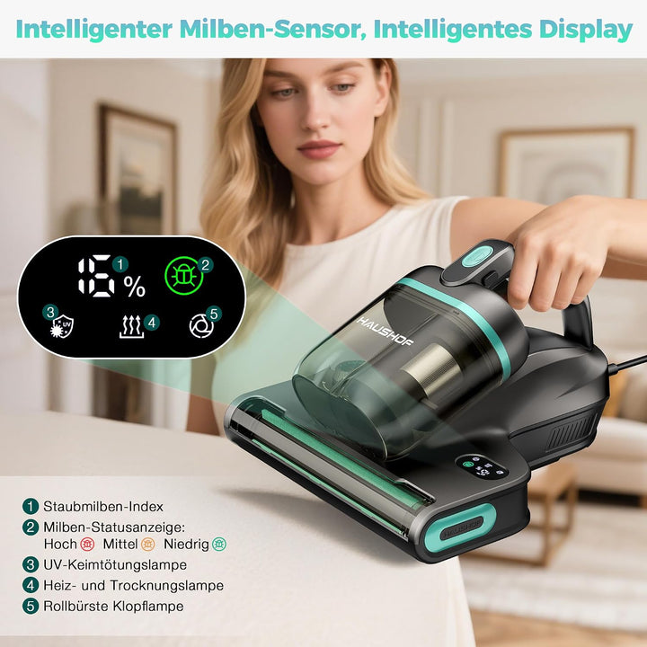 HAUSHOF Milbensauger für Matratzen mit UV Licht, 15 kPa Saugleistung, 60℃ Heissluft mit Aroma-Funkti
