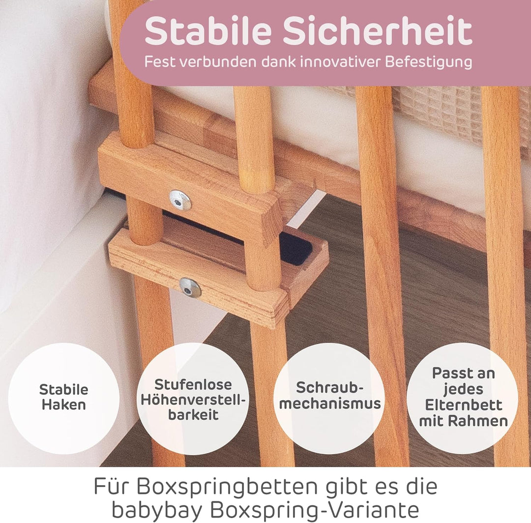 babybay Maxi extra grosses Beistellbett aus massivem Buchenholz/Kinderbett Höhe stufenlos verstellba