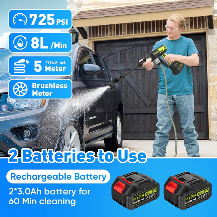 MYPIN Upgraded LCD Display Tragbarer kabelloser Hochdruckreiniger, 725 PSI 21V 2 Batterien Wiederauf