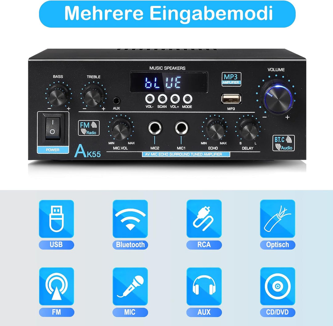 HiFi Audio Verstärker- WOOPKER AK55 Mini Bluetooth Amplifier Receiver 12V/ 220V 600W, 2 Kanäle Verst