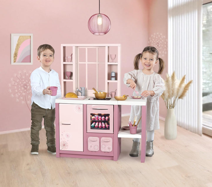 Smoby – Loft Spielküche Fleur – Kinderküche im modernen Loft-Stil mit Kochfeld, Ofen, Kühlschrank &