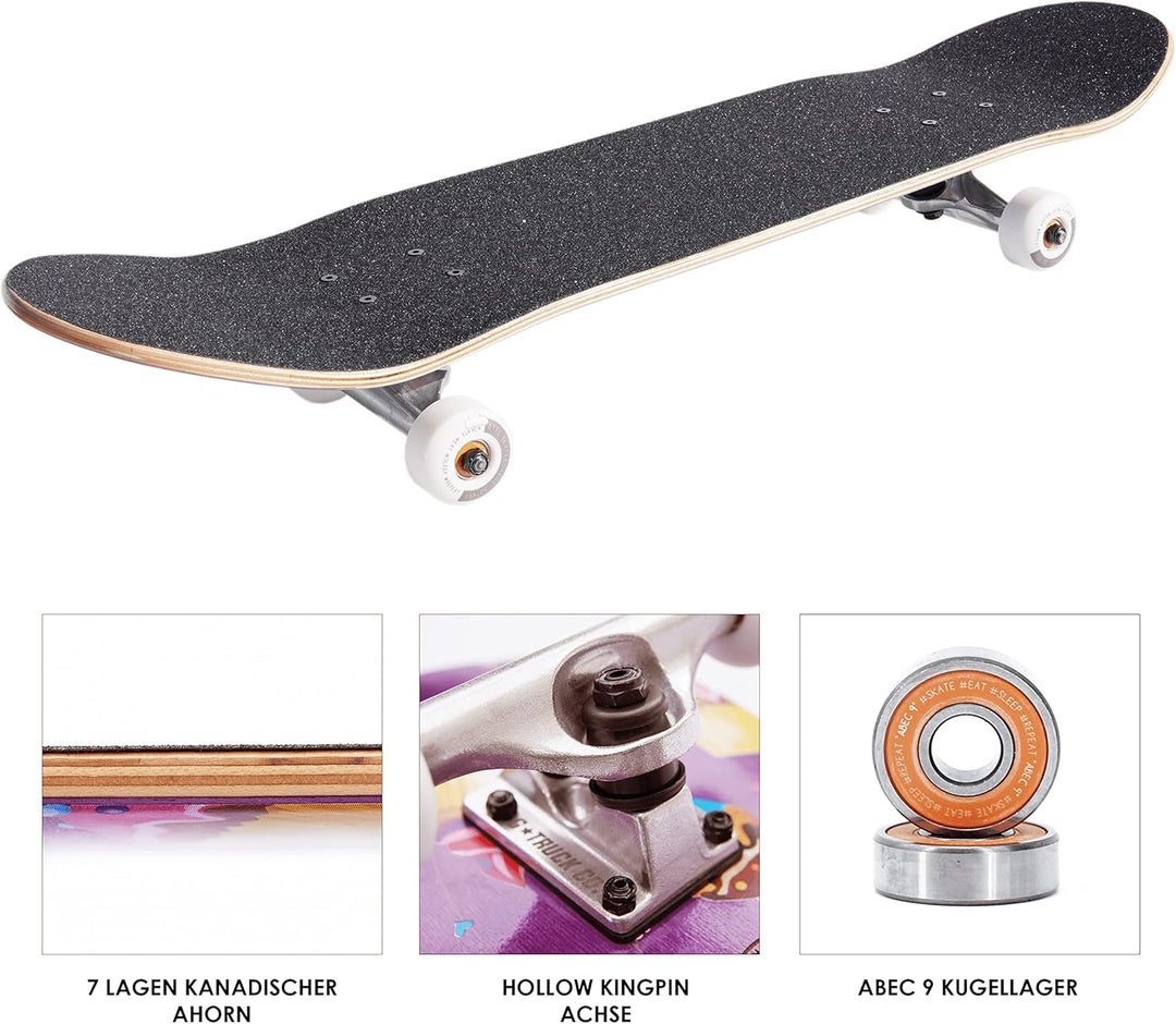 BTFL Komplettboard, Skateboard Deck 8.125" mit ABEC 9 Kugellager für Anfänger und Fortgeschrittene,