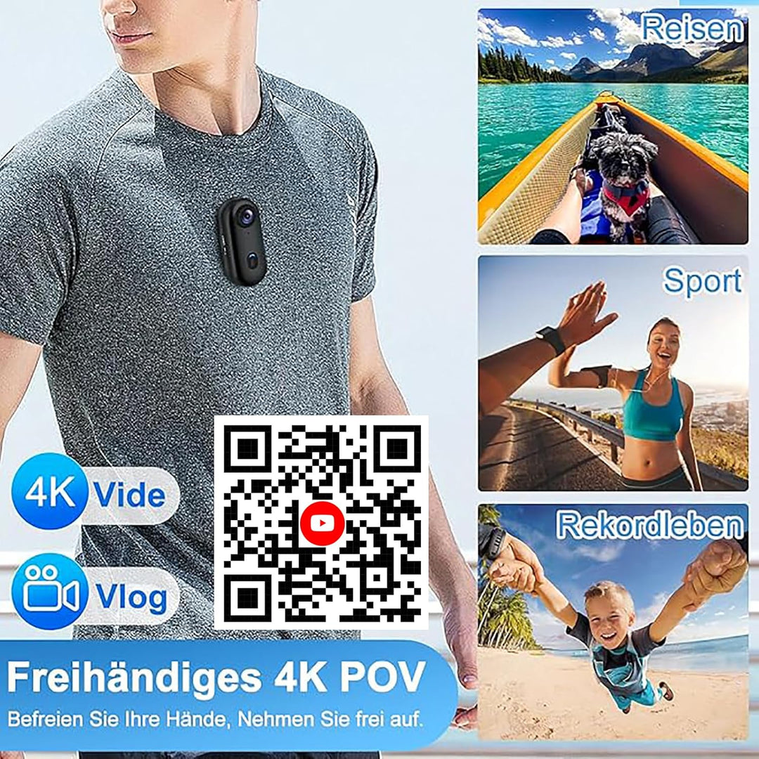 4K Mini Action Cam mit WiFi, Wasserdichte Bodycam, Ultra-Leicht 36g, Magnetische Kamera mit 360° Cli