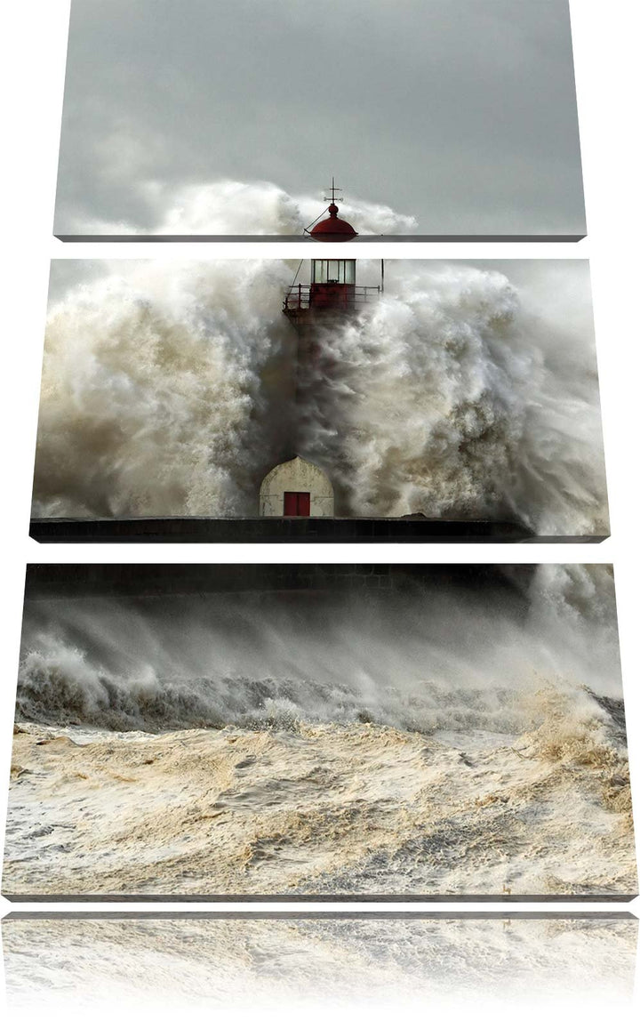 Pixxprint Leuchtturm im Sturm als Leinwandbild - Grösse: 3-Teilig (120x80cm) - Wandbild - Kunstdruck