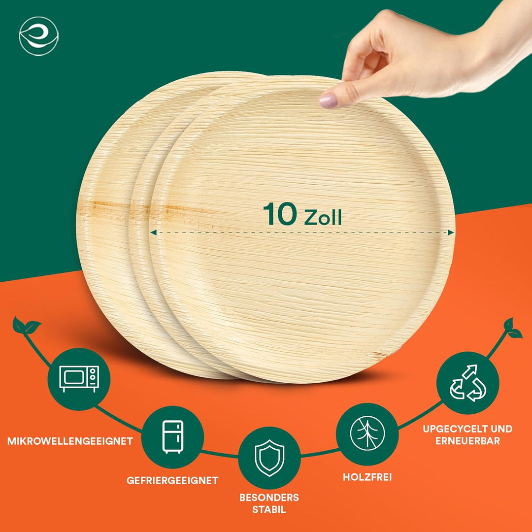 ECO SOUL 100% kompostierbare 25 cm, runde Palmblatt Teller [50 Stück] I Premium Palmblatt Geschir I