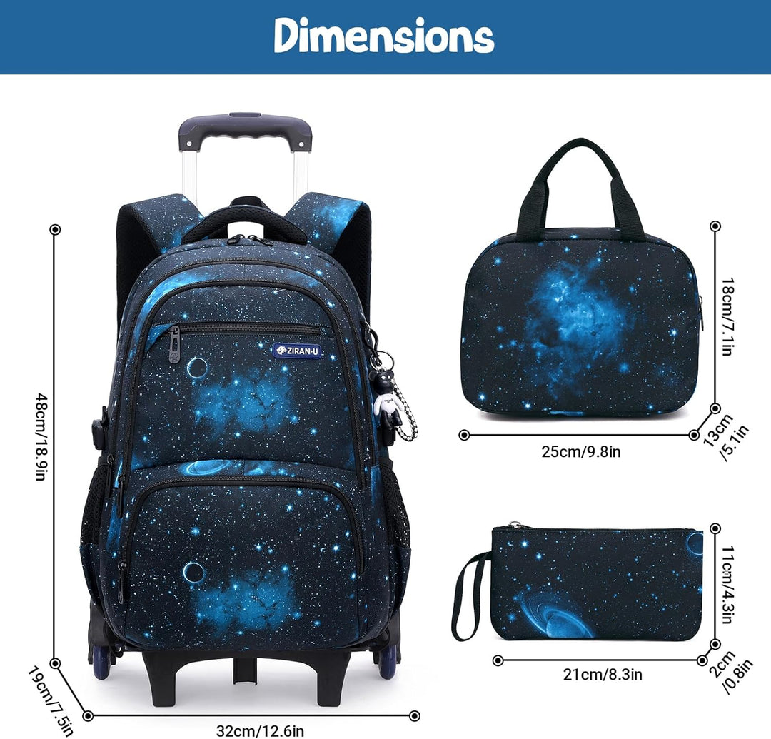 Amythe Schulrucksack Trolley für Jungen Teenager Rucksack mit Rollen 3-teilig mit Lunchtasche Federm
