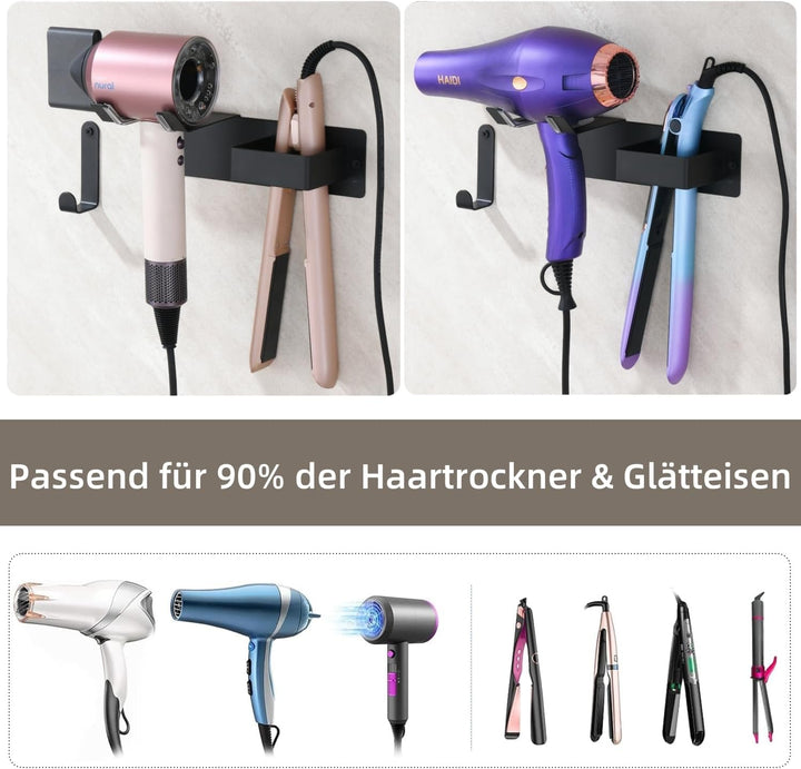 Föhn Halterung für Haartrockner und Glätteisen, Edelstahl Fönhalter Ohne Bohren, Fönhalter Wand Ohne