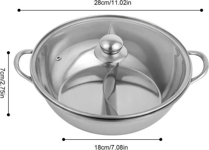 28cm Edelstahl Kochtopf mit Glas Deckel Hotpot Kocher mit Trennwand 2 Kammern Chinesischer Feuertopf