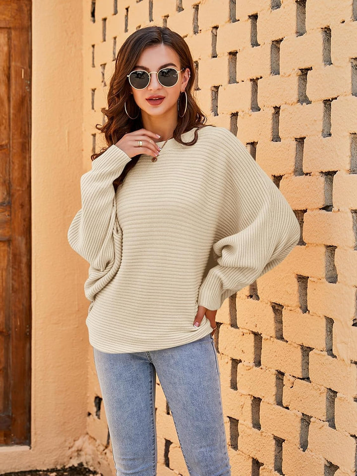 Fessceruna Damen Pullover Oversize Fledermausärmel Strickpullover Winter Rundhals Pulli Geripptes Sw