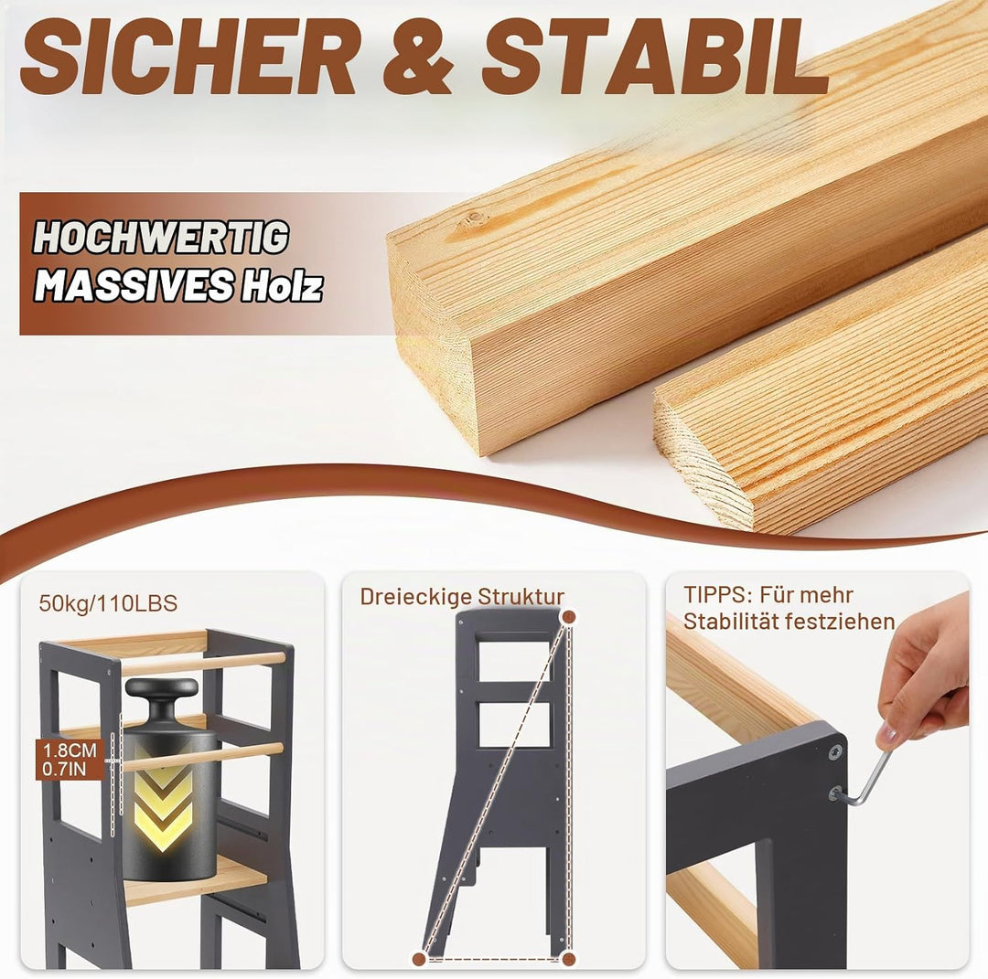 Lernturm ab 1 Jahr, aus Massivholz mit Sicherheitsgeländer, Kippschutz, höhenverstellbarer Montessor
