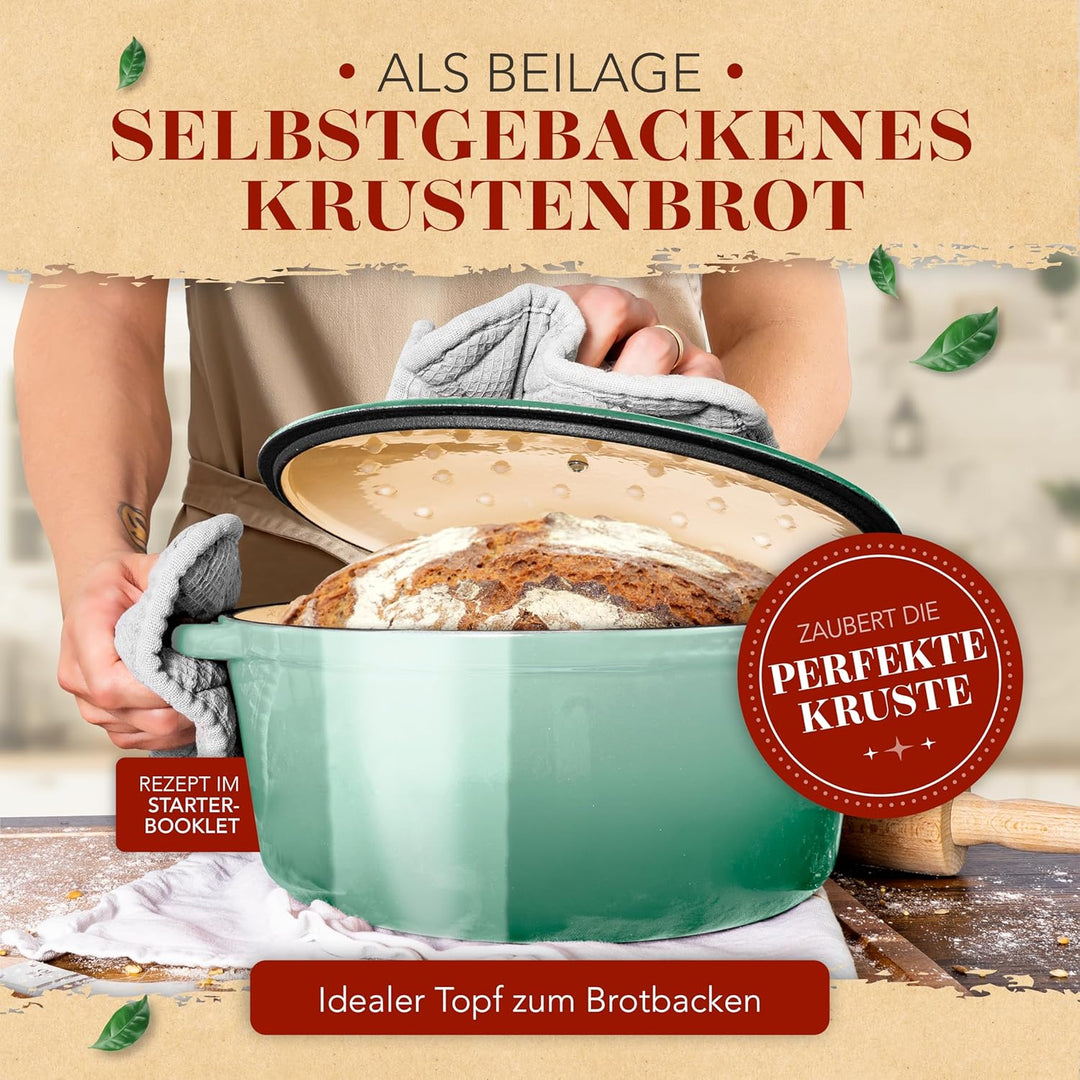 KRUSTENZAUBER Gusseisen Topf [inkl. Fleischgabel] - Hochwertiger 24cm Schmortopf backofengeeignet -