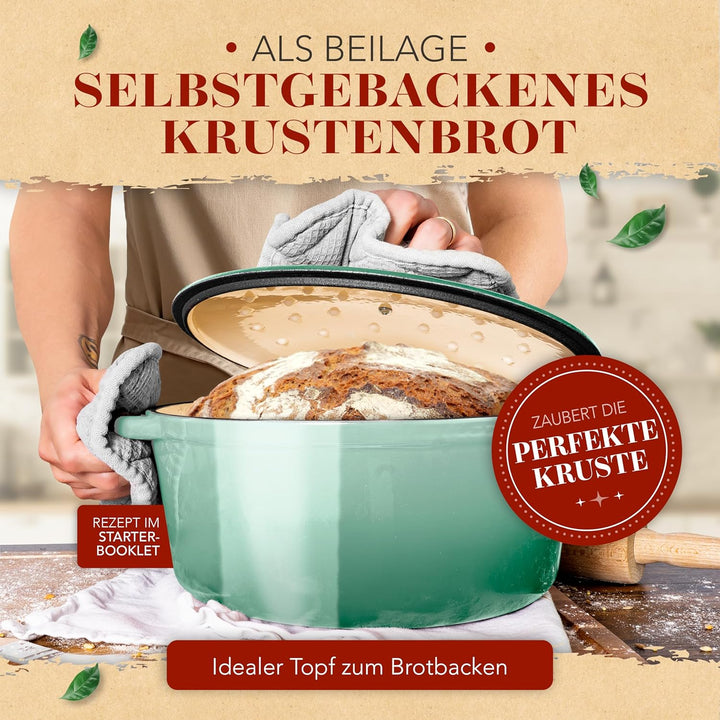 KRUSTENZAUBER Gusseisen Topf [inkl. Fleischgabel] - Hochwertiger 24cm Schmortopf backofengeeignet -