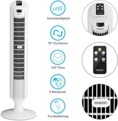 Monzana Turmventilator 70° Oszillationswinkel Fernbedienung 3 Geschwindigkeitsstufen 84cm Timer 1-12