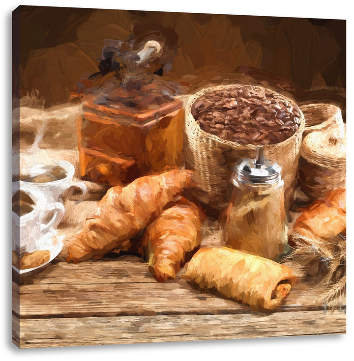 Pixxprint Aromatischer Kaffee mit Croissant als Leinwandbild Quadratisch/Grösse: 70x70 / Wandbild/Ku