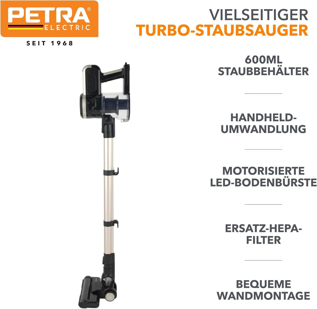 Petra PF01625VDE Turbo-Staubsauger mit 600ml Behälter, wandelt sich zu Handheld um, motorisierte LED
