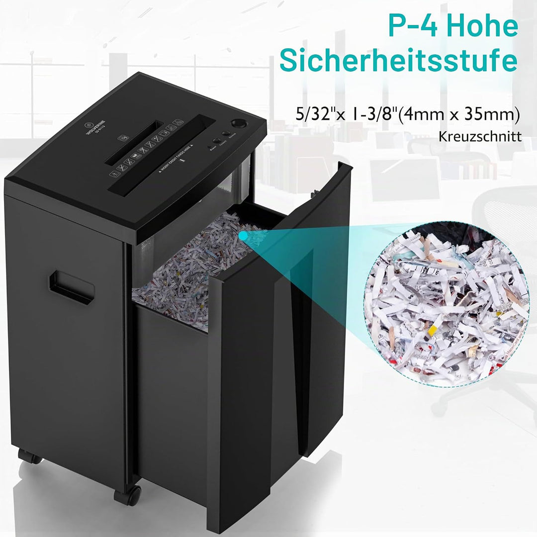 WOLVERINE 18-Blatt-P4-Hochsicherheits-Aktenvernichter mit 60 Minuten Laufzeit, Super-Kreuzschnitt, f