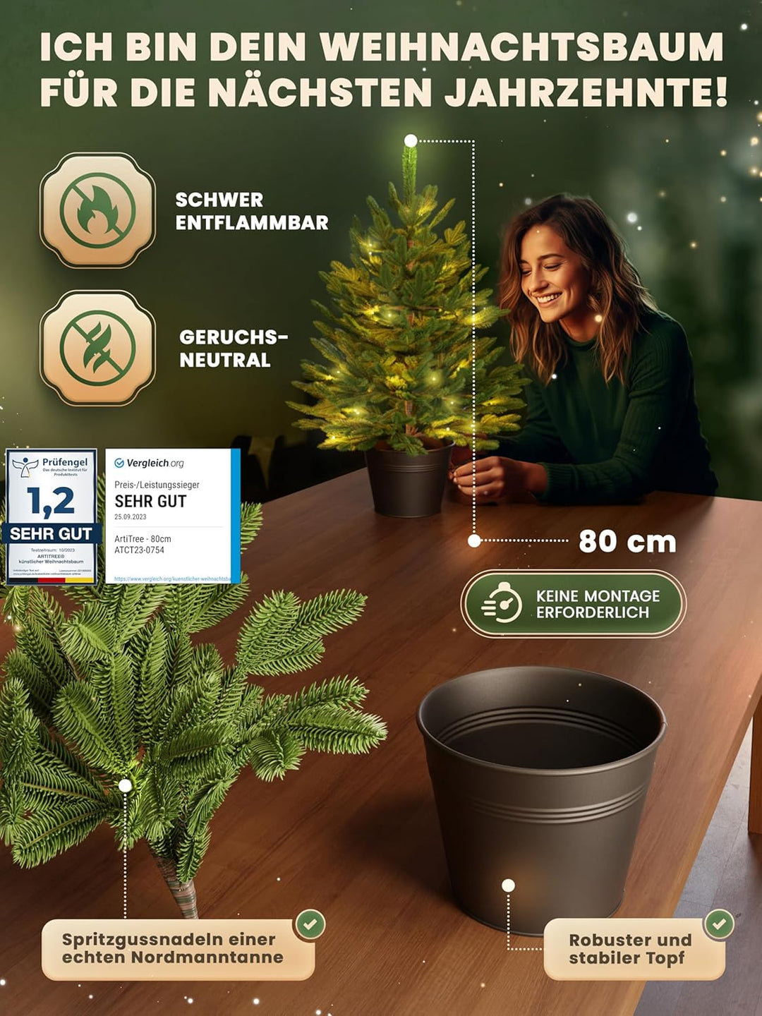 ArtiTree - Künstlicher Weihnachtsbaum 80cm im Topf mit LED & Schnee - Christmas Tree für Innen und A