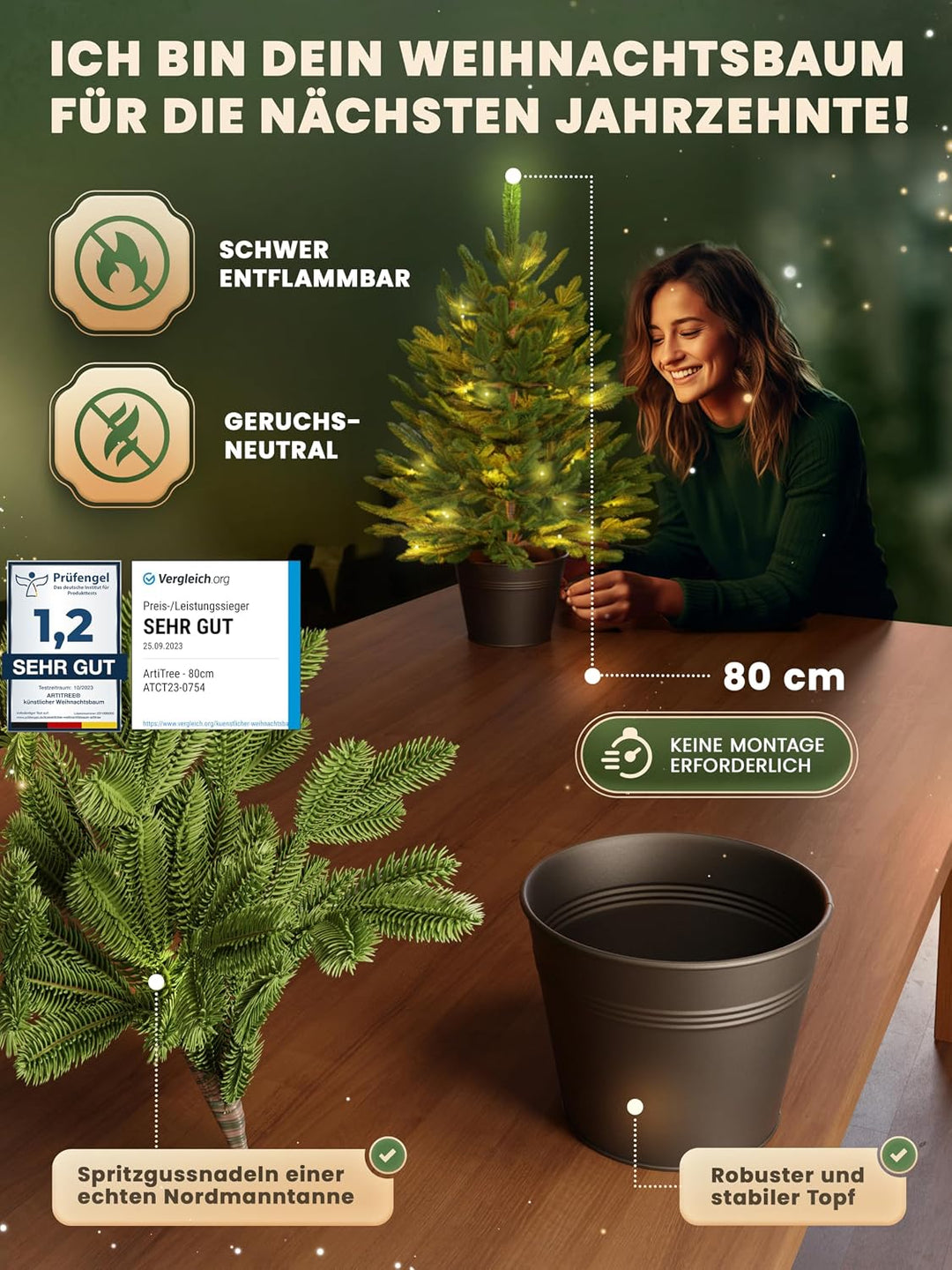 ArtiTree - Künstlicher Weihnachtsbaum 80cm im Topf mit LED &amp; Schnee - Christmas Tree für Innen und A