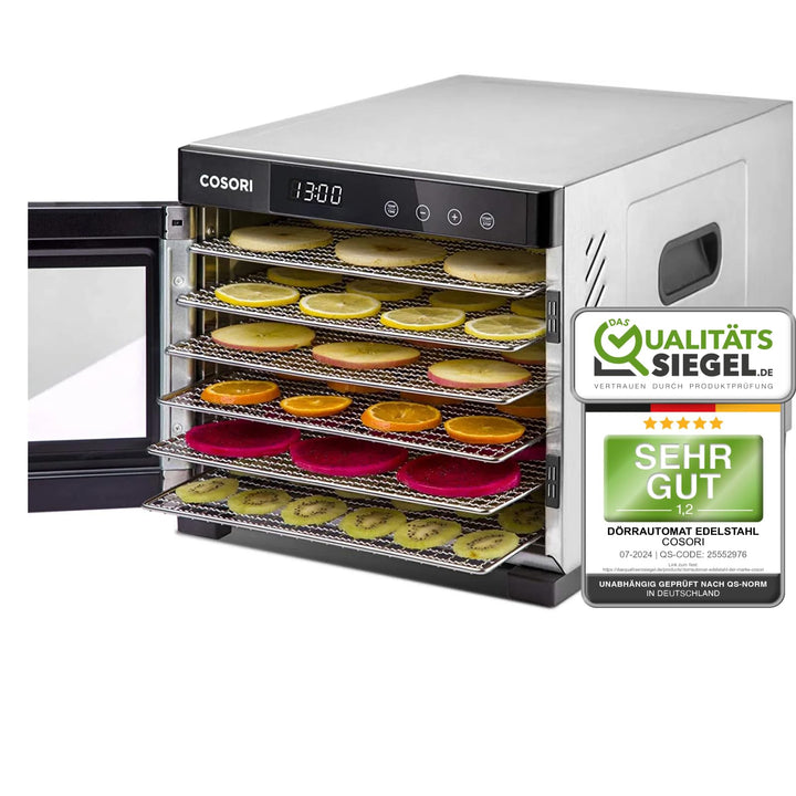 COSORI Dörrautomat edelstahl, Food Dehydrator mit 50 Rezepte, inkl. 6 Edelstahl-Dörrtabletts, 3 Dörr