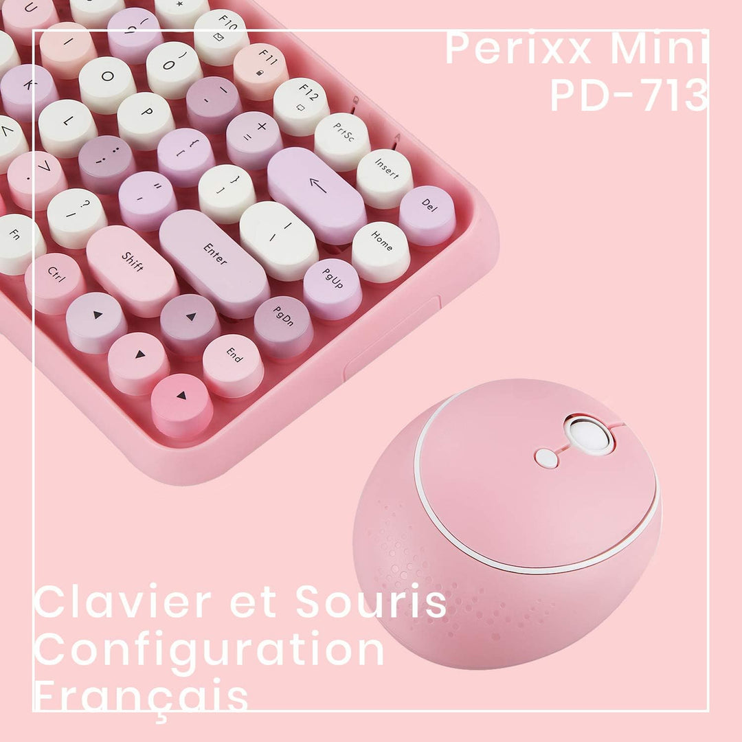 Perixx PERIDUO-713 Mini-Tastatur und Maus, kabellos, 2,4 GHz, Retro-Stil, rund, Pastellrosa, AZERTY