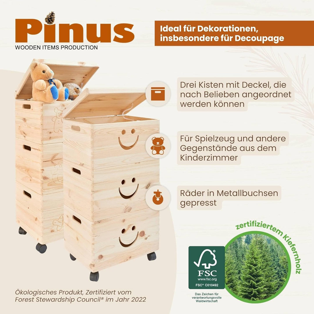 Pinus - Spielzeugkiste Holz mit Deckel 3-in-1, Spielzeug Aufbewahrung Lächeln, 39x30x74 cm, Aufbewah