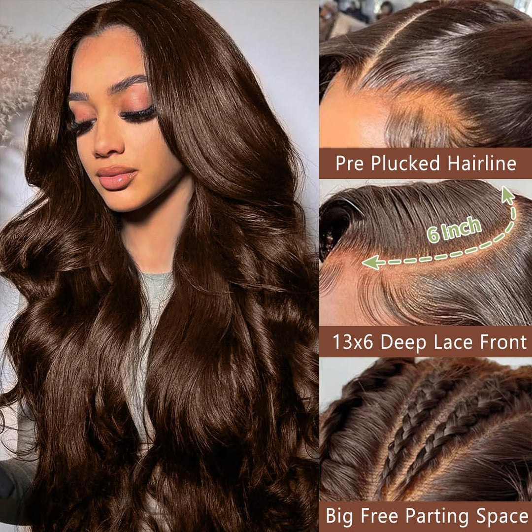 Chocolate Brown brasilianische Echthaar-Perücke, 61 cm, 13 x 6, Body Wave Lace Front-Perücke #4, nat