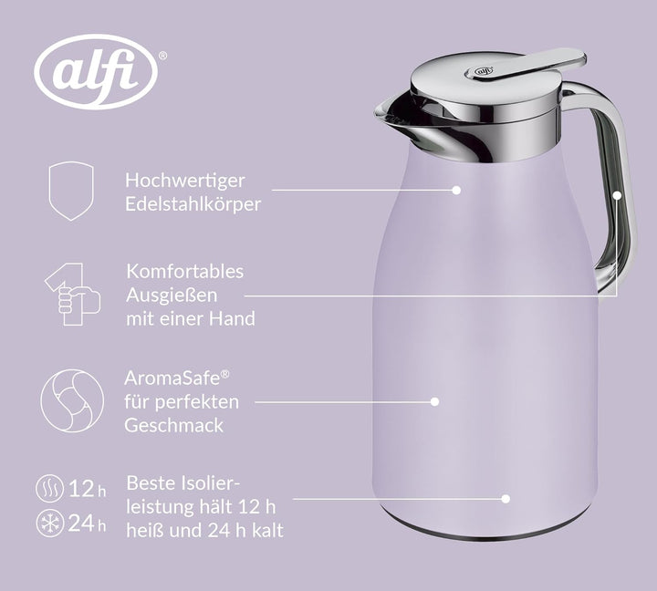 alfi SKYLINE 1,0l, pastel lavendel, Edelstahl-Isolierkanne mit hygienischem Hartglaseinsatz, Drehver