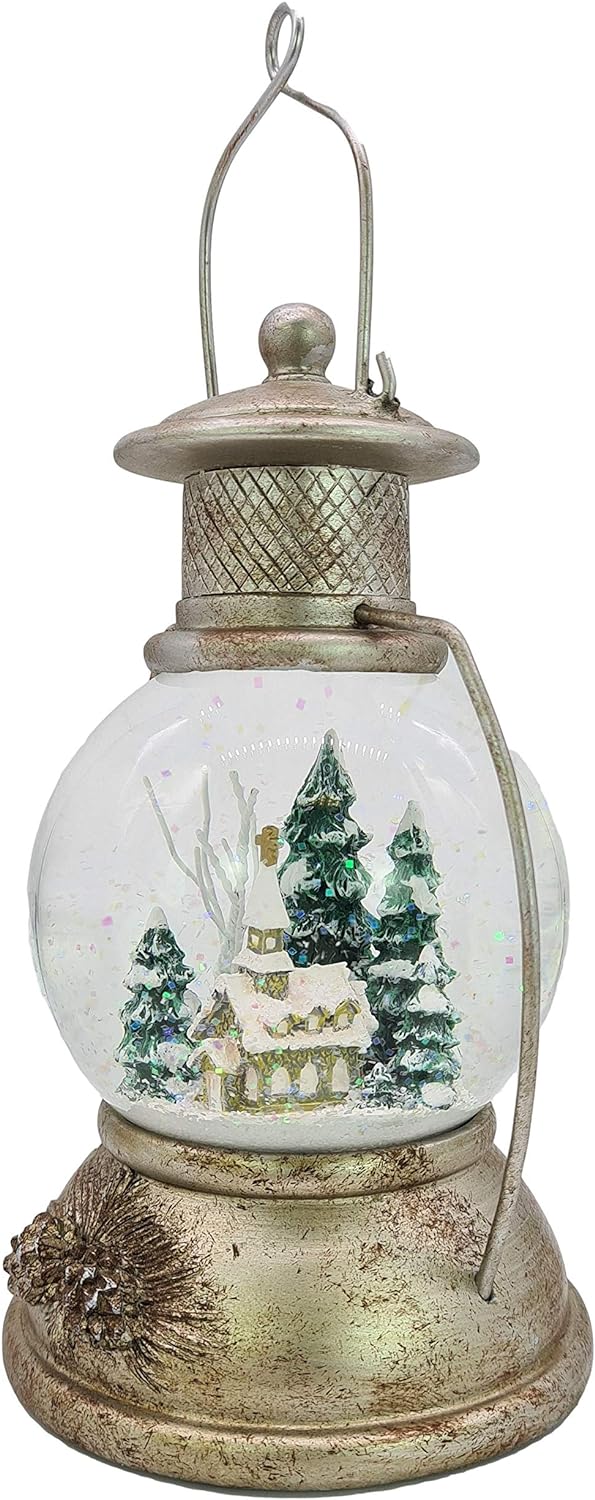 XL LED Schneekugel Weihnachten Laterne viele Melodien Glitzerkugel Winterwald Vintage