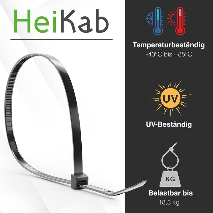 HeiKab 1000 Kabelbinder 200 x 3,6 mm - UV-Beständig - Mindestzugfestigkeit 180 N / 18,3 kg - Schwarz