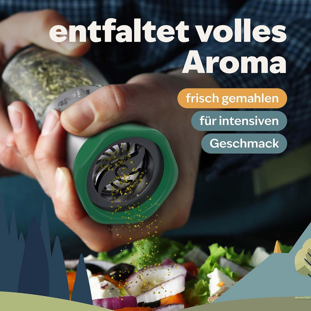 kjøk Premium Gewürzmühle aus Edelstahl & Glas Manuelle Chilimühle Kräutermühle mit Stahl Schneidwerk