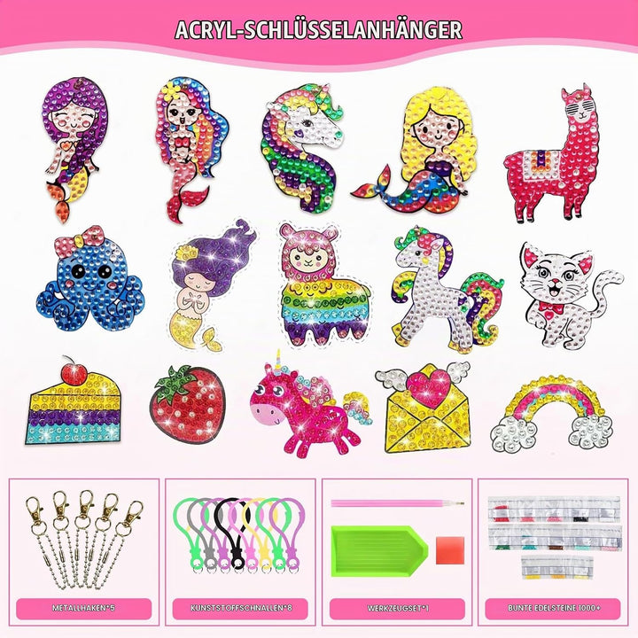 CAYUDEN Diamond Painting Kinder, 8pcs Doppelseitige 5D Diamond Painting Schlüsselanhänger + 15pcs Di