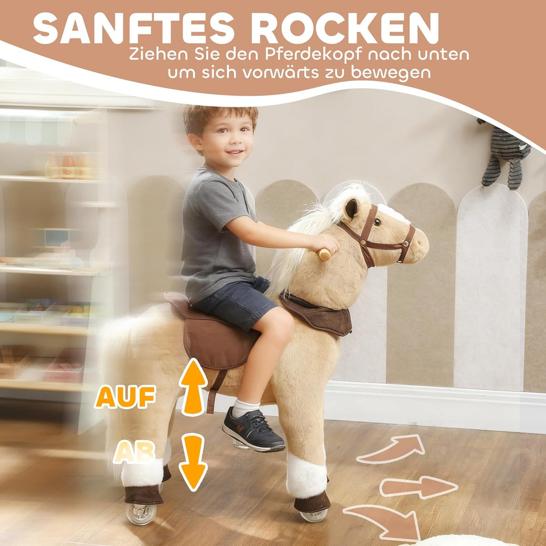 AIYAPLAY Reitpferd, Spielpferd zum Reiten mit Sattel Rollen, 80 cm Stehpferd, Plüschpferd für Kinder
