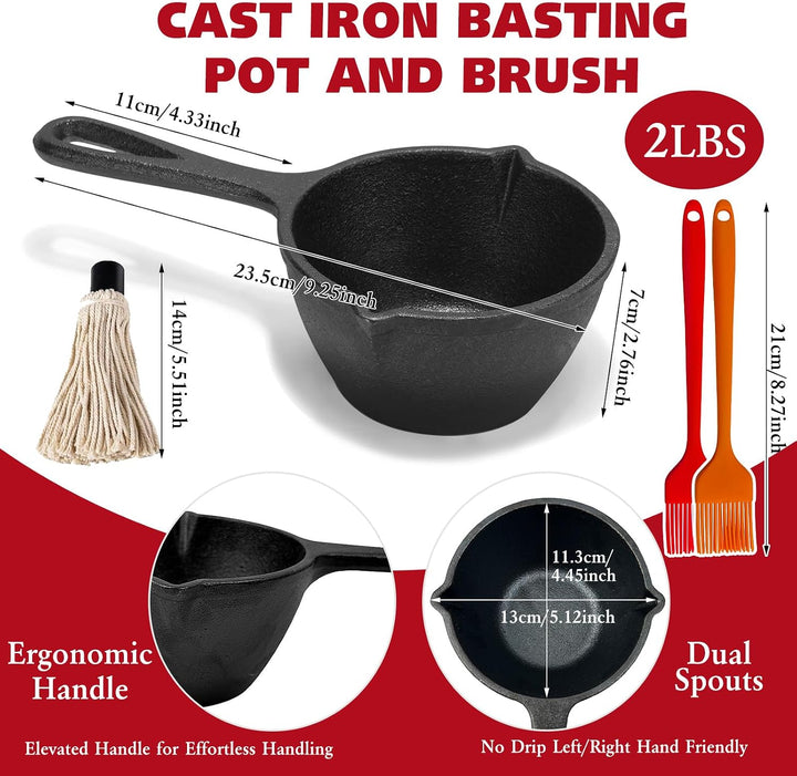 Gusseisen Kochtopf, BBQ Mop Pinsel Set zum Grillen BBQ Basting Set mit Mini Gusseisen Sauce Topf und
