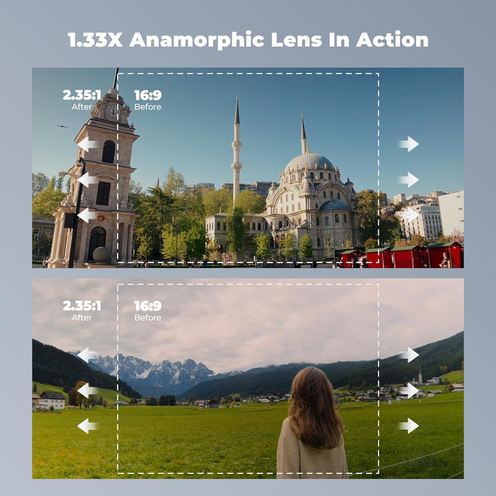 Freewell 1,33-faches anamorphes Objektiv für iPhone und Samsung – 3 Flare-Farben in einem Objektiv (