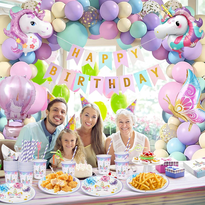 147 Stück Einhorn Geburtstag Partygeschirr Set, Pappteller Kindergeburtstag Deko Luftballons, Einhor