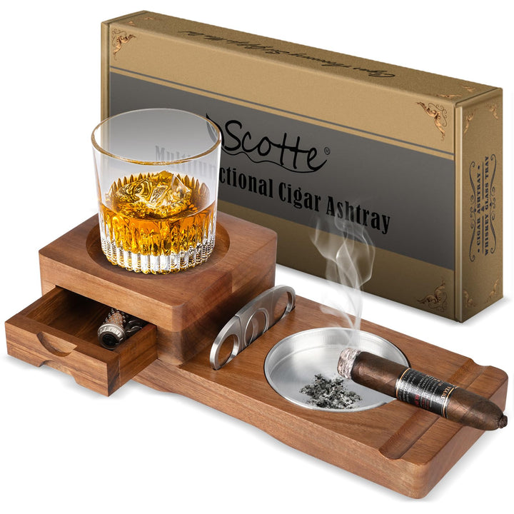 Scotte Zigarrenaschenbecher Untersetzer Whiskeyglas-Tablett & Holzaschenbecher mit Zigarrenschneider