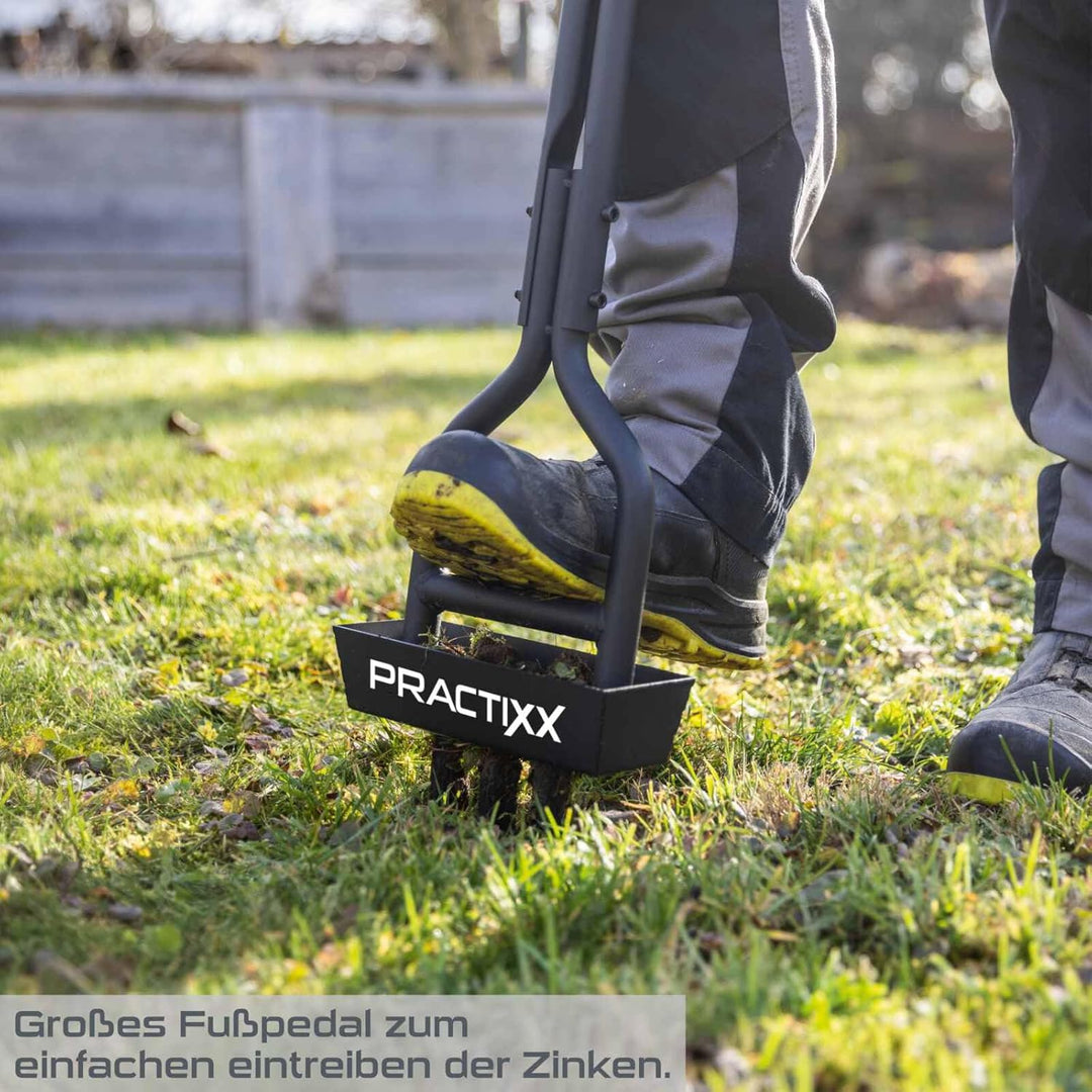 Practixx Rasen Aerifizierer PX-RL10 Hand Rasenlüfter mit Auffangbehälter schwarz - 20cm Arbeitsbreit