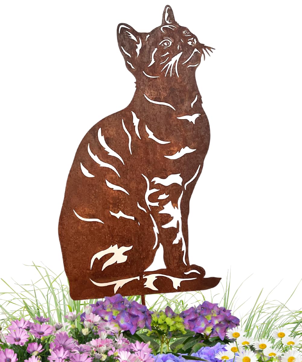 Terma Stahldesign Katzen Gartenstecker Rostifugur Made in Germany (Klassische Hauskatze mit Streifen