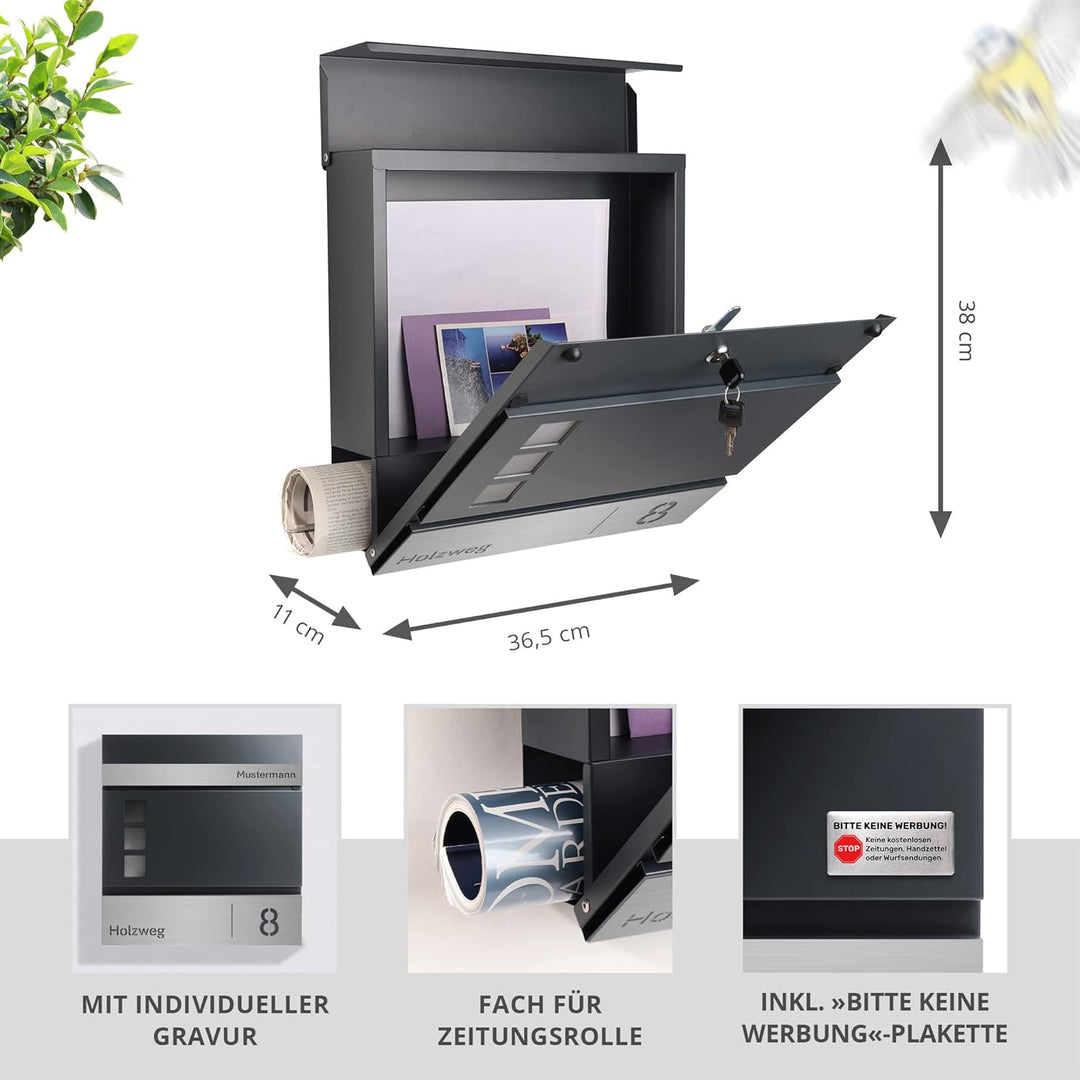 Forgard Briefkasten Anthrazit mit Zeitungsfach (RAL 7016), personalisiert, Postkasten Modern aus Zin
