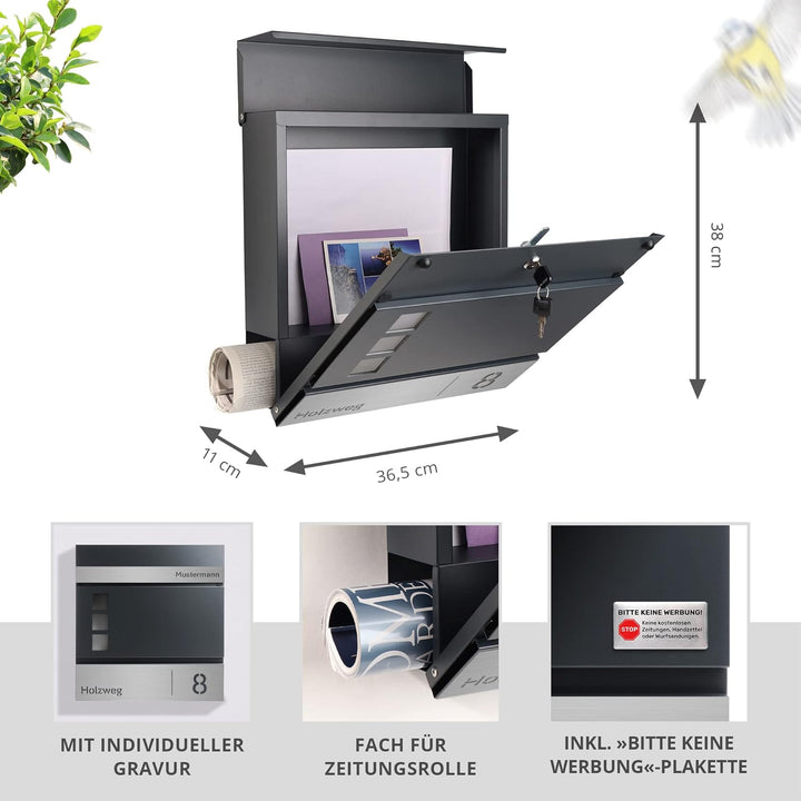 Forgard Briefkasten Anthrazit mit Zeitungsfach (RAL 7016), personalisiert, Postkasten Modern aus Zin