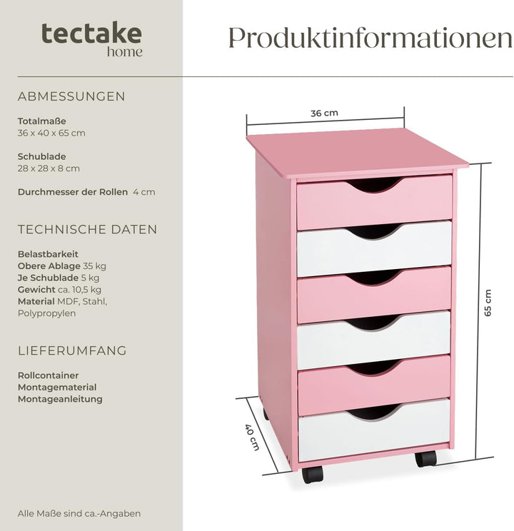 TecTake 800055 Rollcontainer mit Rollen und 6 Schubladen - diverse Farben - (Pink | Nr. 400924), Pin