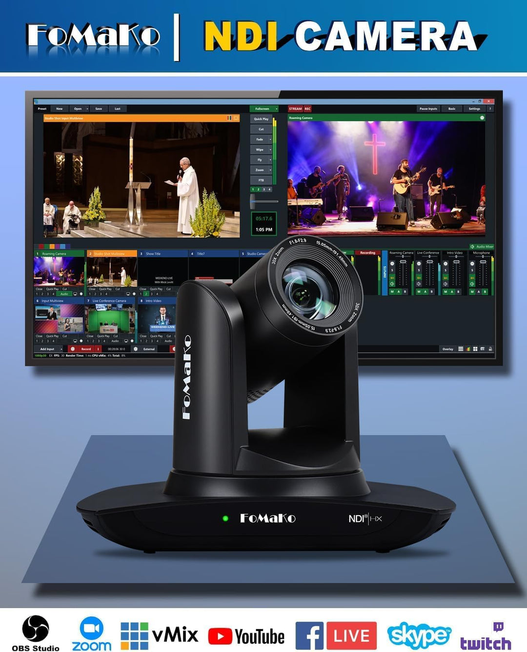 FoMaKo NDI HX3 PTZ Kamera KI-Auto-Tracking 20x Optischer Zoom mit HDMI/USB3.0/LAN(PoE) für Live-Gott