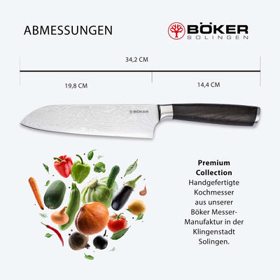 Böker SOLINGEN® Meisterklinge Damast Santoku - extrem scharfes Profi Kochmesser mit 16,5 cm Hybrid D