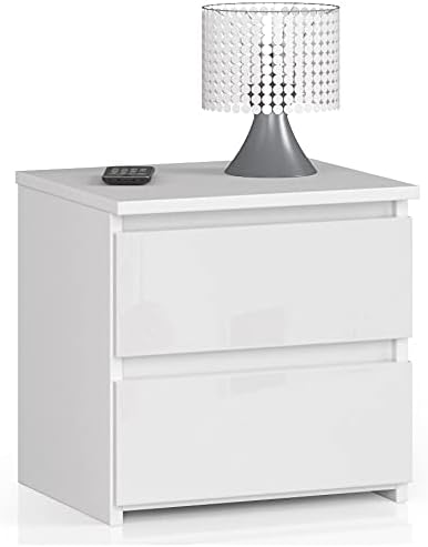 AKORD Nachttisch in minimalistischer Optik, mit 2 Schubladen, B40 x H40 x T35 cm Weiss / Weiss Glänz