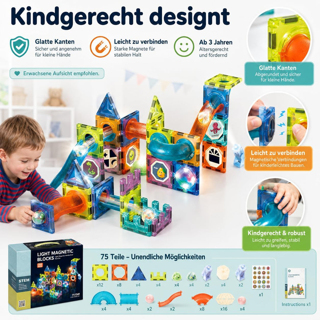 LightCube Magnetspielbausteine, (kreatives Spielset, 75 St., Kombiniertes BAU- und Kugelbahnsystem),