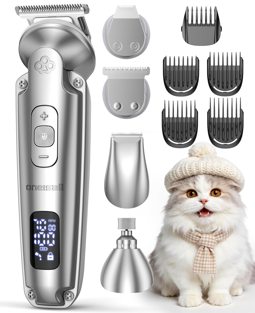 oneisall 4 in 1 Leise Schermaschine Hund Katze, 3-Gang Pfotentrimmer für Hunde bis zu 7000RPM, IPX7