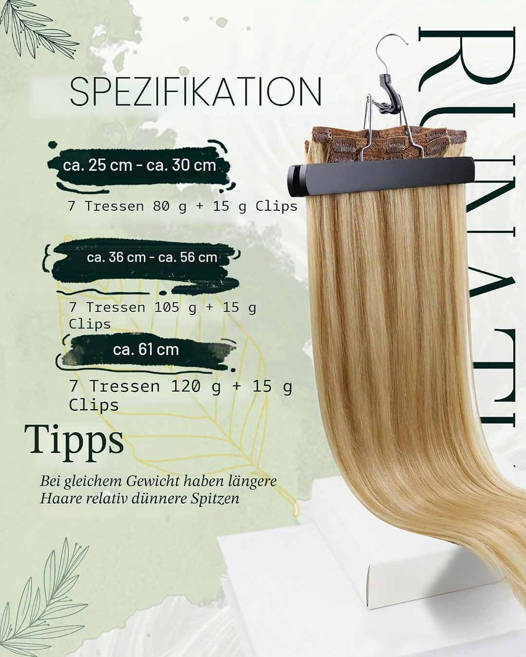 RUNATURE Clip Extensions Echthaar Goldblond mit Hellblond Clip in Echthaar Extensions Remy Haar Clip