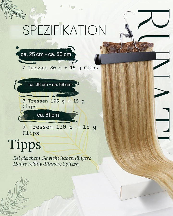 RUNATURE Clip Extensions Echthaar Goldblond mit Hellblond Clip in Echthaar Extensions Remy Haar Clip