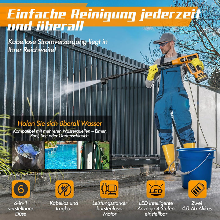 Akku Hochdruckreiniger 200Bar,Mobiler Hochdruckreiniger mit 4 Einstellbare Geschwindigkeiten,Tragbar