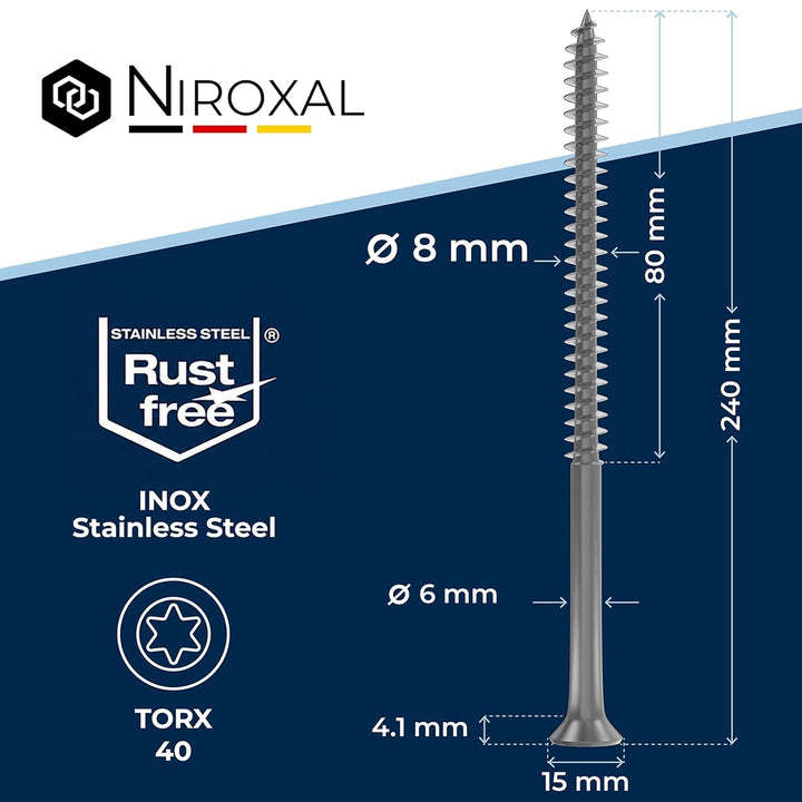 Schrauben Torx Edelstahlschrauben 8x240 Edelstahl V2A rostfrei Spanplattenschrauben für Holz Teilgew